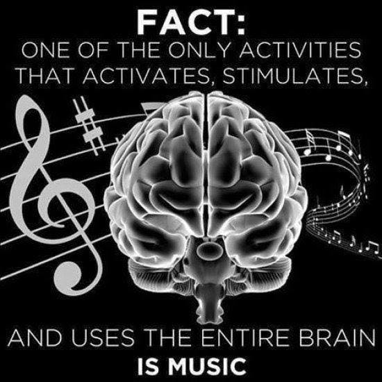 Brain with music notes and quote: "FACT: one of the only activities that activates, stimulates, and uses the entire brain is MUSIC